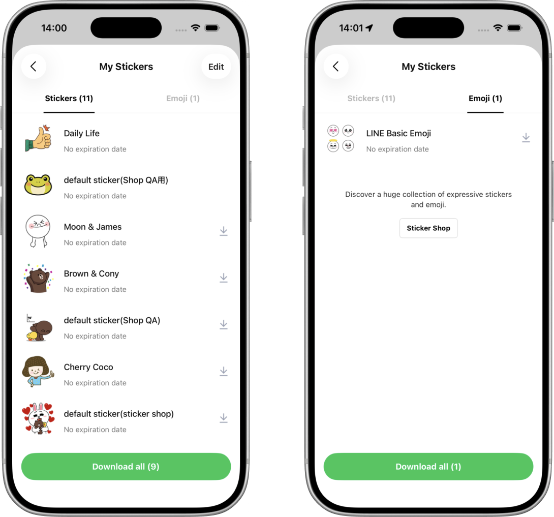 The final capsule-shaped Download all button on the Stickers and Emoji tabs