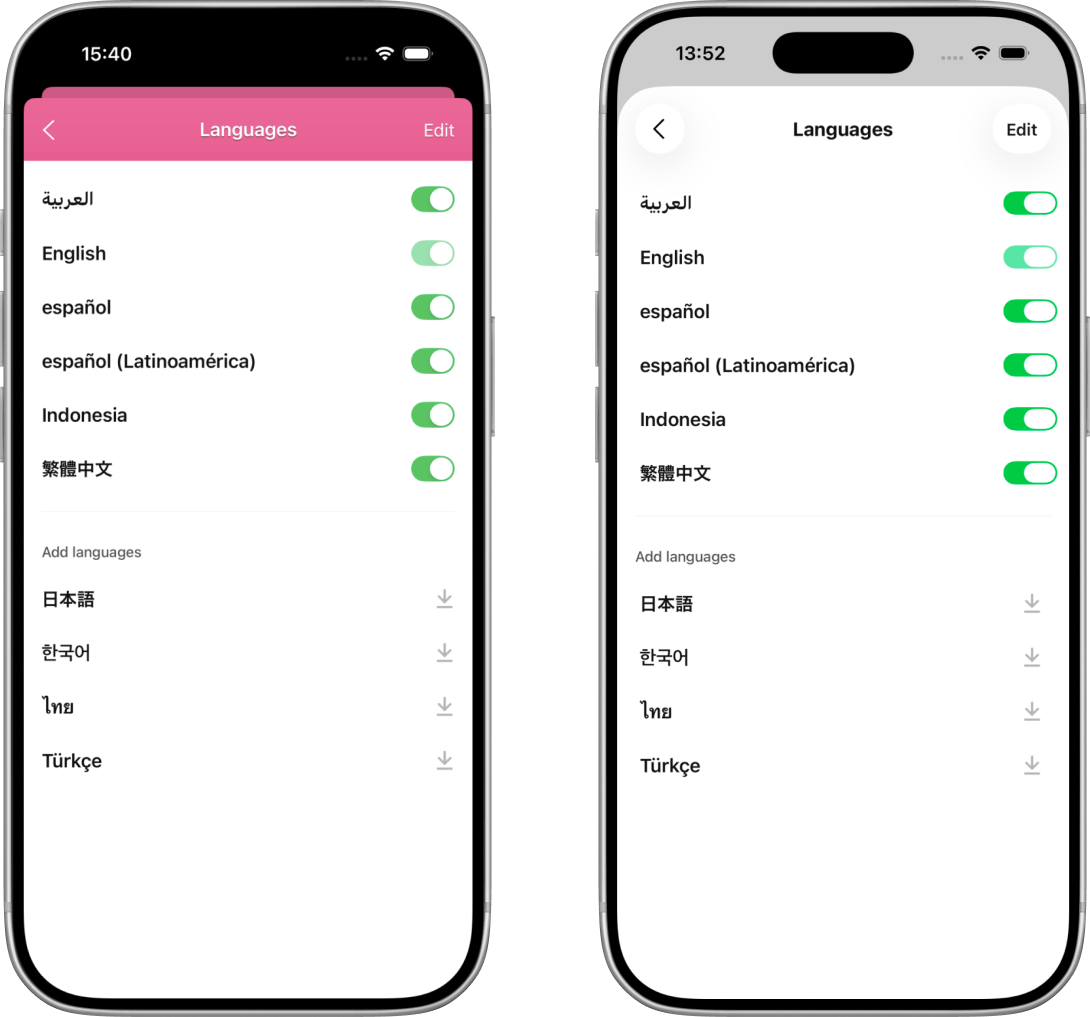 The language settings screen with the new design disabled and enabled
