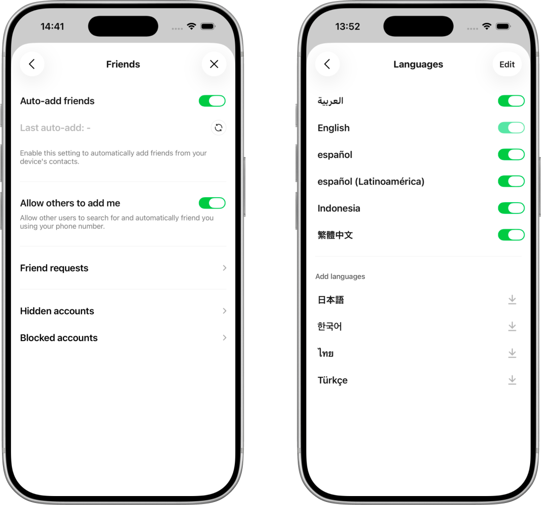 A correctly aligned settings screen beside the misaligned language settings screen