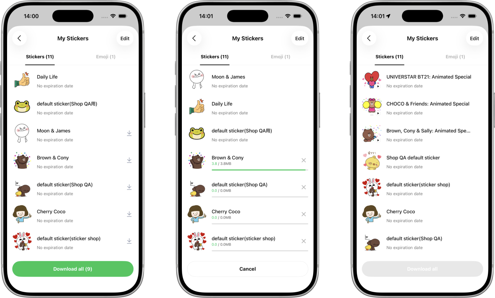 The Stickers tab in its available, downloading, and downloaded states