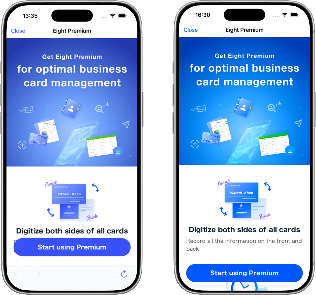 Side-by-side comparison of the Eight Premium onboarding screen, showing the Get Eight Premium interface on two iPhones.